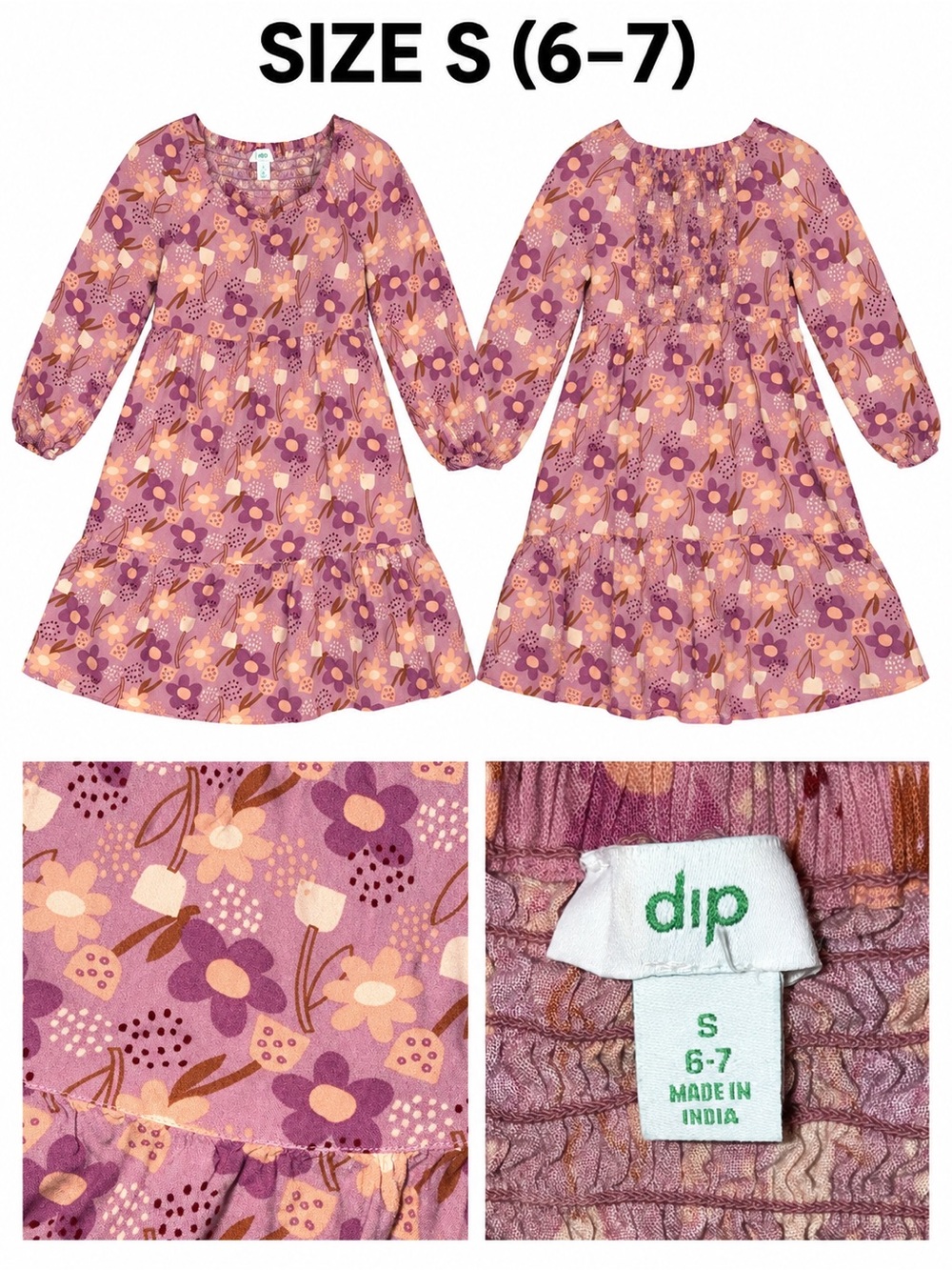Dip Girls' Purple and Pink Floral Long-Sleeve Dress